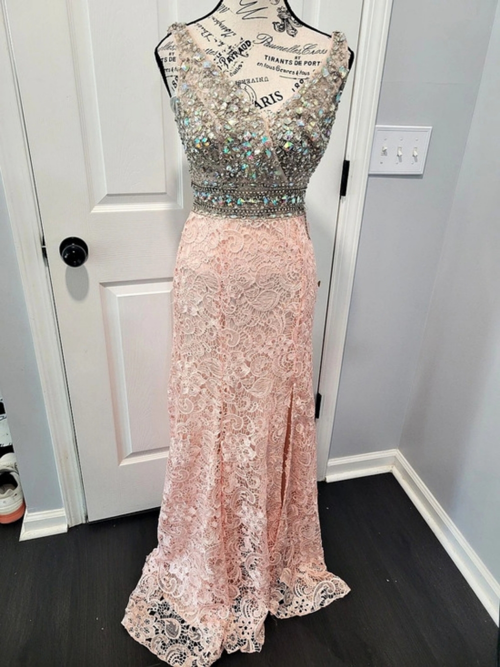 Camille La Vie Beaded Lace Maxi Dress in Pink & Silver Excellent Condition